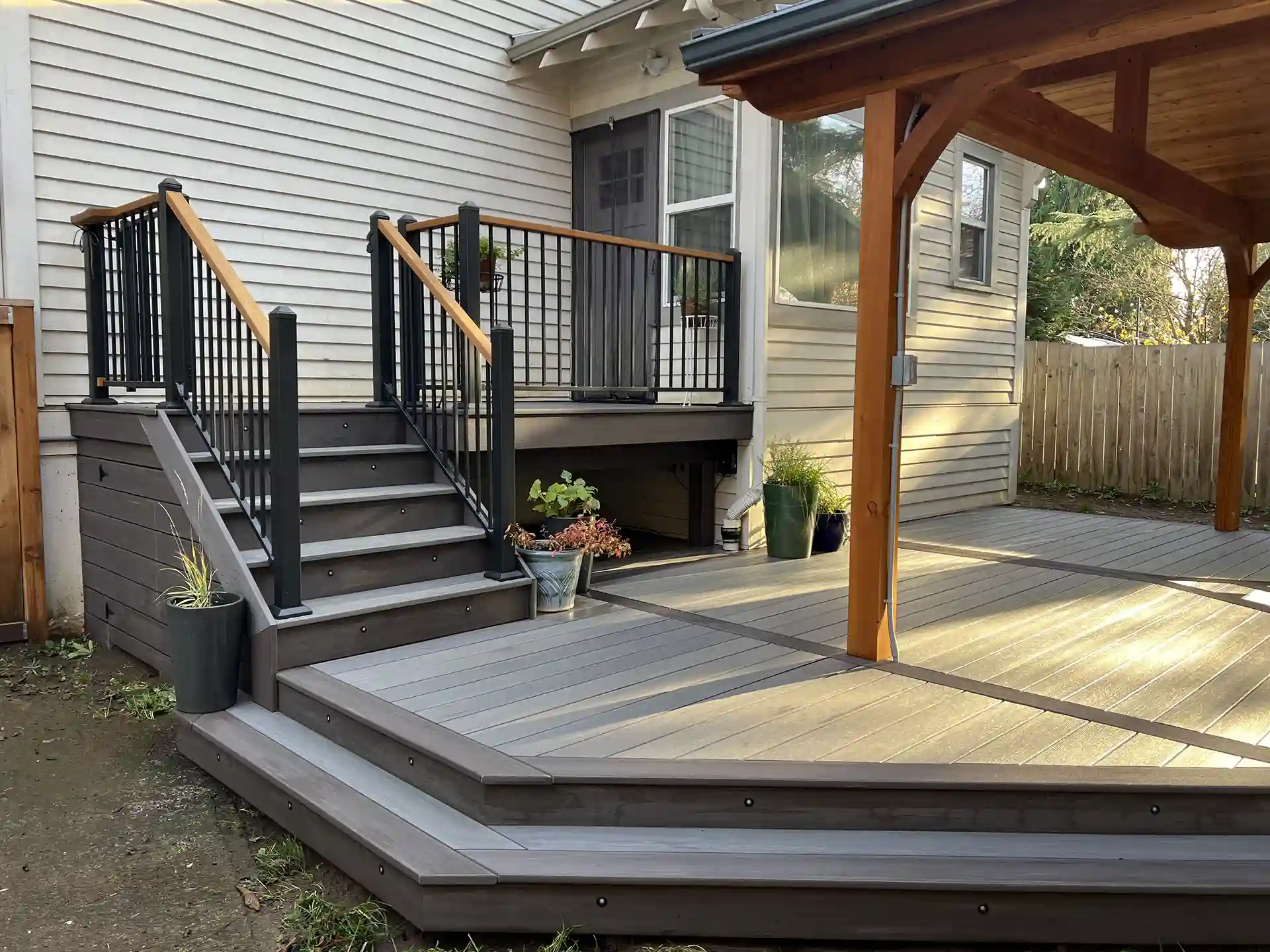 Photo of composite deck with covered pergola.