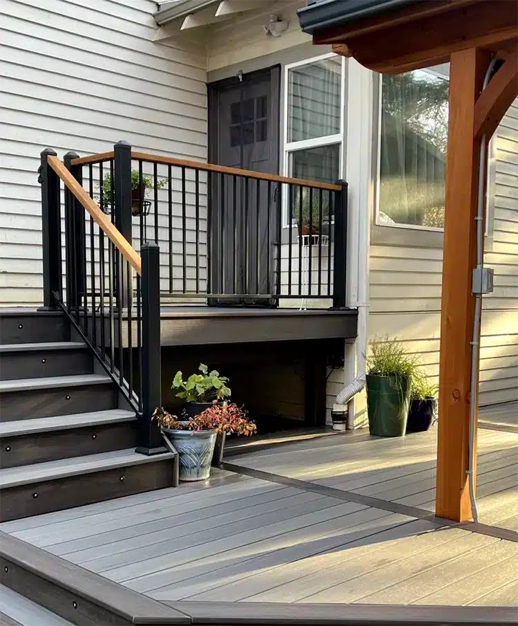 multi-level deck with pergola and deck inlays