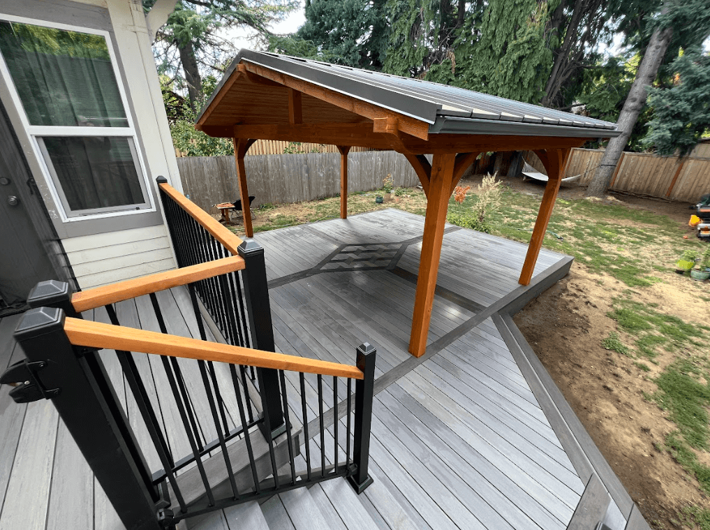 photo of a covered deck with a pavilion with a solid roof